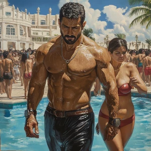 Photorealism,a muscular beefy criminal man walking with his swea...