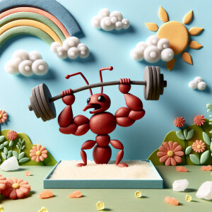 A whimsical and comical scene featuring a muscular red ant demon...