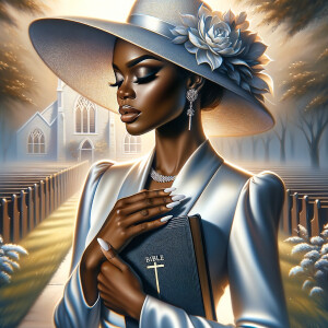 Render an airbrush oil painting of an African American woman with flawless makeup in a
contemplative pose, holding a Bible close to her heart, dressed in an elegant Sunday Best
outfit with a distinctive Church Hat. The background features a peaceful church garden,
with light filtering through the trees, highlighting her spiritual connection and the personal
moment of reflection. The artwork should capture the tranquility of the scene, the beauty
of her attire, and the depth of her contemplation, reflecting a serene and spiritually