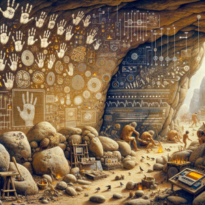 Cave Art with Handprints symbols for fire, water and air, macro, circuitry, cellular structures, DNA paint brushes and artc pallets small birds, flying cardiogram print out slide detector print electromagnetic fields linear grid golden ratio