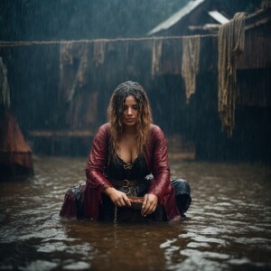 A drenched Wench clothes torn, squatting,  chained over a breadi...