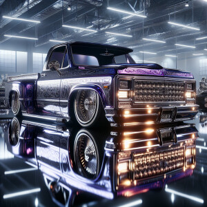 Heavily modified lowrider truck with metallic burple liquid stat...