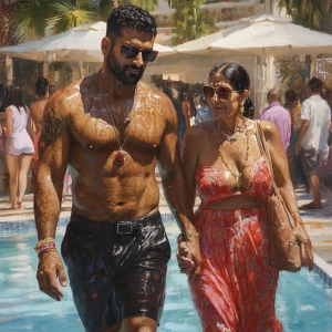 realism  style art,a sweaty beefy muscular man walking with his...