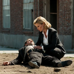 A woman in a formal business suit assists an injured deputy sher...