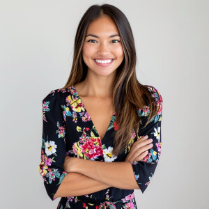 A cute woman

Californian

Smiling 

Clothes: Floral Dress

Look...