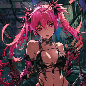 An anime girl with scissors for a weapon with rose colored hair...