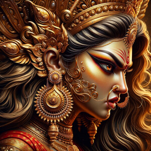 Side view portrait of  gorgeous and extremely angry goddess durga. intricately detailed depiction of a goddess. gold jewelry all over body. ultra detailed face. Wearing red saree, a lot of gold ear piercings, huge gold crown on head, uhd, hdr, 64k, epic, ultra detailed face