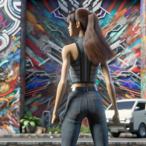 Athletic Thin skinny Attractive, Asian teenage girl, long brown hair and bangs, wearing tight skinny jeans and a halter top paint marks on her clothing, heroic pose Asian graffiti background, backside view