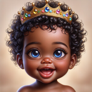 "Create a digital portrait of an adorable african-American baby girl with a joyful expression. She is wearing a gold crown with colorful jewels. Her big, bright blue eyes are wide with wonder, and her tiny mouth is shaped in a happy grin. Her skin has a warm, honey-brown tone, and she has an abundance of thick curly black hair, The background is soft and neutral to keep the focus on her delightful features. The portrait should be vibrant and heartwarming, celebrating the innocence and charm of childhood."