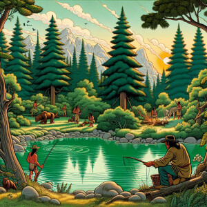 Visuals of a serene natural landscape with traditional Native Am...
