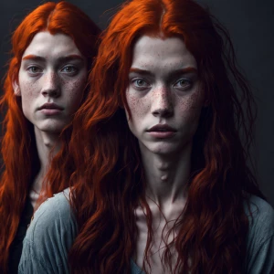 Create a digital image of a 16-year-old girl with red hair, frec...