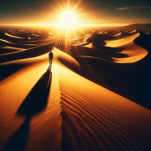 Create an evocative desert scene where the sun casts long, drama...
