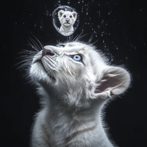 A young white lion cub with striking blue eyes gazes upwards at...