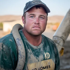 Brian Nobles a real 28 year old Caucasian male who is using  a concrete mixer, he is a  pump operator holding the hose which carries the liquid concrete to the foundation pour, Brian is slowly  beginning his transition into adult maturity , Brian Nobles is beginning to look like a grown man, he has large reflective blue eyes and a wrinkled brow,Brian is now balding , prominent large protruding round fat obese belly,,thick goatee beard, healthy muscle mass ,very noticeable male pattern balding hairline, Brian Nobles now has a  prominent receding and thinning male hairline (onset male pattern baldness), slightly fat overweight(Caucasian)wearing tight body conforming  glossy satin shiny green and gold tight fitting body conforming UnderArmour athletic bodysuit,emblazoned with the "KD HOMES" real estate logo, standing confidently in front of a newly completed constructed new KD HOME in Victorville California in a raw desert landscape. Brian has a protruding fat obese muscular physique, large male bulge, fat obese muscular frame , shows a substantial frame with a noticeable mature hairline and expressive eyes. His workman’s  pose should reflect his experience in his trade.