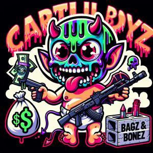 Design a logo with a stylized, animated cartoon baby demon influ...