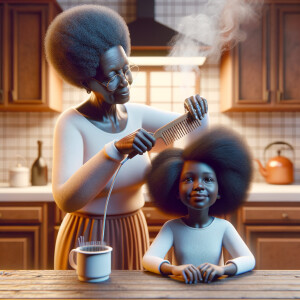 Create a realistic 3-D image of an african-American grandmother in the kitchen with her african-American granddaughter. The grandmother has a hot comb in her hair and she is straightening her granddaughters hair. One side of her granddaughters hair is in  a Afro the other is bone straight 
There is smoke coming from the hot comb