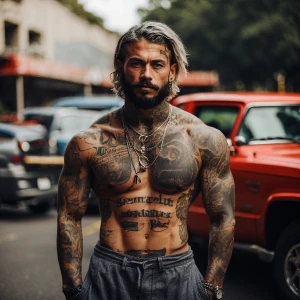 Tattooed Men without shirts leaning on customize vehicles