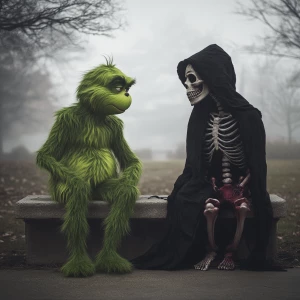 A realistic photo of a Grinch sitting on a concrete bench next t...