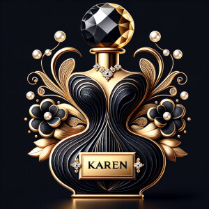 Design a fancy, black and gold bottle of perfume in the shape of a woman’s body. With a golden diamond top, flowers pearls and Diamonds in the name, Karen