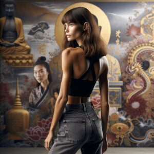 Athletic Thin skinny Attractive, Asian teenage girl, long brown hair and bangs, wearing tight skinny jeans and a halter top paint marks on her clothing, heroic pose Asian graffiti background, backside view