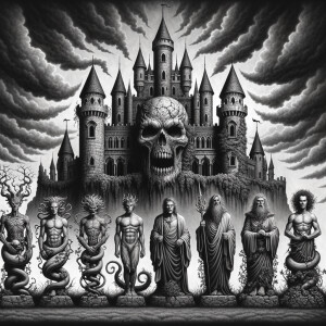 7 deadly sins in front of a undead castle