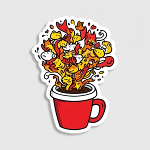 die-cut sticker design of a coffee cup, overflowing with a chaot...