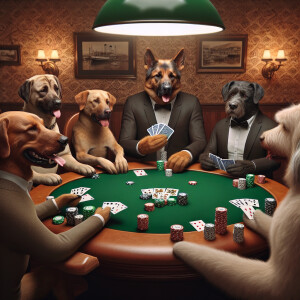 Photorealistic image. Classic image of dogs playing poker around...