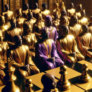 3-D realistic oil, painting, Oh a gold, and purple human chessbo...