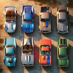 Prompt: Create an image of six different models of cars, each a...