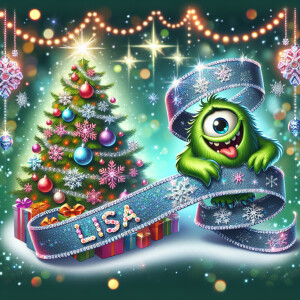crystallized ribbon name *lisa* wrapped around a christmas tree...