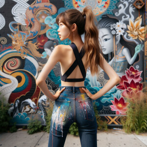 Attractive, Asian teenage girl, long brown hair and bangs, wearing tight skinny jeans and a halter top paint marks on her clothing, backside view heroic pose Asian graffiti