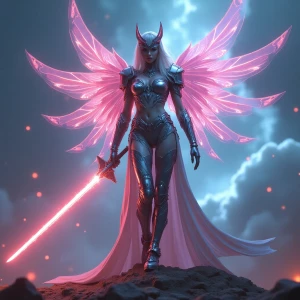 A futuristic and visually striking digital artwork with "Flux Dev" A hyper-detailed warrior princess with a regal, armored bodysuit, radiant cybernetic wings, and a glowing energy sword, set against a cosmic battlefield.