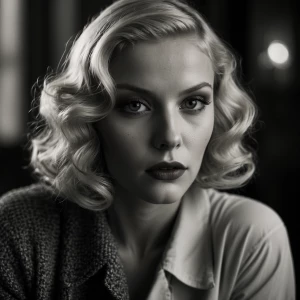 Create a high-detail, black-and-white portrait of a blonde woman...