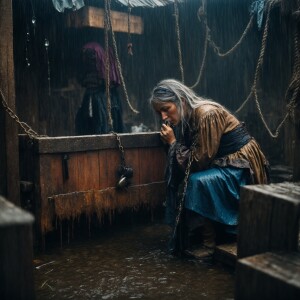 A drenched Wench clothes torn, squatting,  chained to a feeding...
