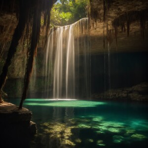 Beautiful waterfall in a cenote, light rays, god rays, deep shad...