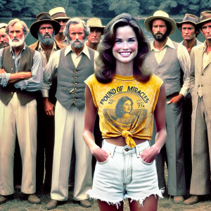 create a film snapshot from 1972 of dozens of dour men standing...