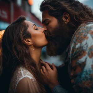 Beautiful woman passionately kissing a very large bearded man