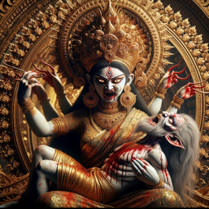 portrait of angry looking goddess durga sitting on a gold crown...