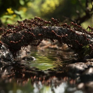 Generate an image depicting a chain of ants forming a living bridge across a stream, showcasing the intricacy of their interlocking bodies and reflecting the water's surface below.