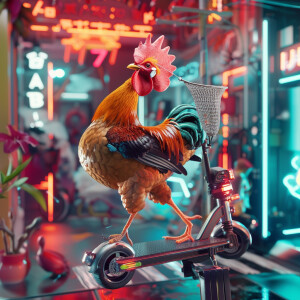 A drone drops a net on a rooster riding a Xiaomi scooter