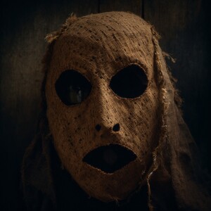 a highly detailed and eerie artwork of a tattered burlap sack ma...