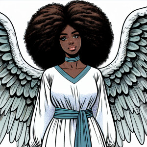 Create an image of a young Black woman with angel wings and long...