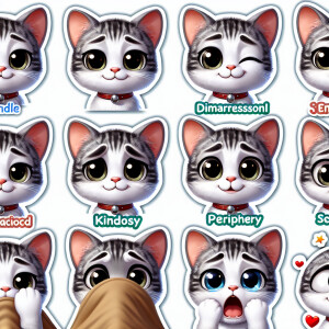 Create a sticker pack for me featuring a cute gray-and-white kit...