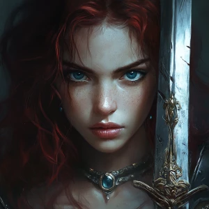 Create a realistic image of a warrior with dark red hair reaching just below the shoulders, piercing blue eyes, and a round face. The warrior should be holding a sword adorned with jewels, capturing only the bust for a detailed close-up.