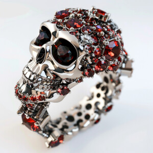 Design a unique skull ring adorned with bolts and nuts to create...