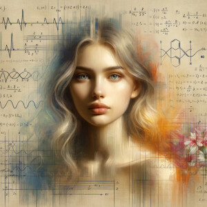 Abstract, minimalist, painting, with pencil line, paint stroke, gestures, colorful marks, mathematical equations, electrical cardiogram, printouts complex math formulas, dna asian teen girl