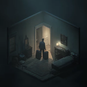 Footage of a person packing a suitcase and departing from a room...