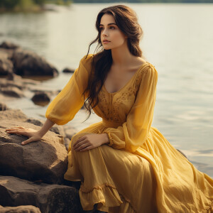 Capture the elegance of a fair-skinned woman with dark long hair...