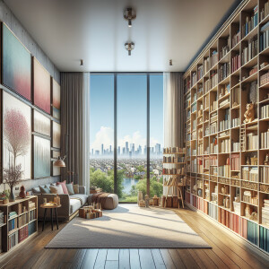 nterior of a bright apartment with bookshelves, paintings and wi...
