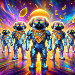 An army of Pekingese dogs with sunglasses reflecting pasta in ea...